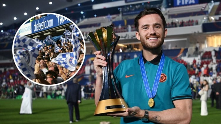 Ben Chilwell holding the Club World Cup trophy after Chelsea win the 2021 final. Inset, Chelsea fans with flags during a Premier League match.