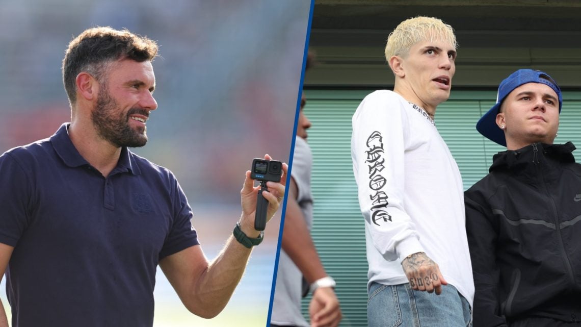 Split image - Ben Foster of Wrexham walking around stadium and Chelsea signing Alejandro Garnacho watching on from the stand