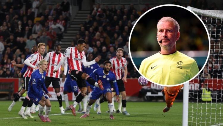Fabio Carvalho scores during Brentford v Chelsea - Premier League. Mark Clattenberg referees during Baller League x Match Day 10