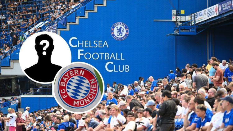 Chelsea fans in the Shed End at Stamford Bridge with overlay of Bayern Munich badge and mystery player (left).