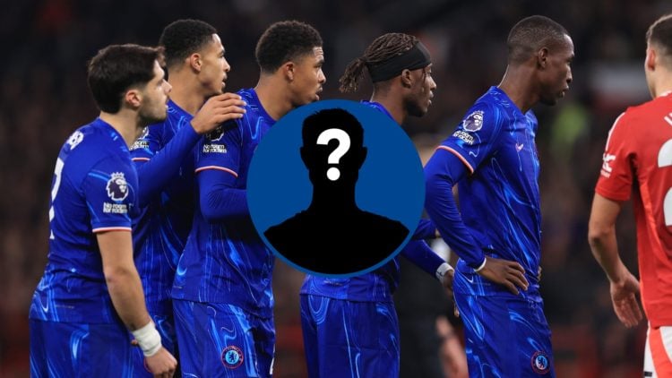 Chelsea players queue up to attack a free kick, inset mystery player