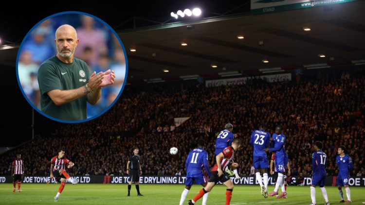 Chelsea players defending Lincoln's free-kick, inset Enzo Maresca applauds during the pre-season friendly match between Chelsea and AC Milan