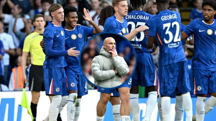 Chelsea players celebrating after scoring against Bayer Leverkusen, inset Enzo Maresca looks on during Chelsea v Brighton & Hove Albion