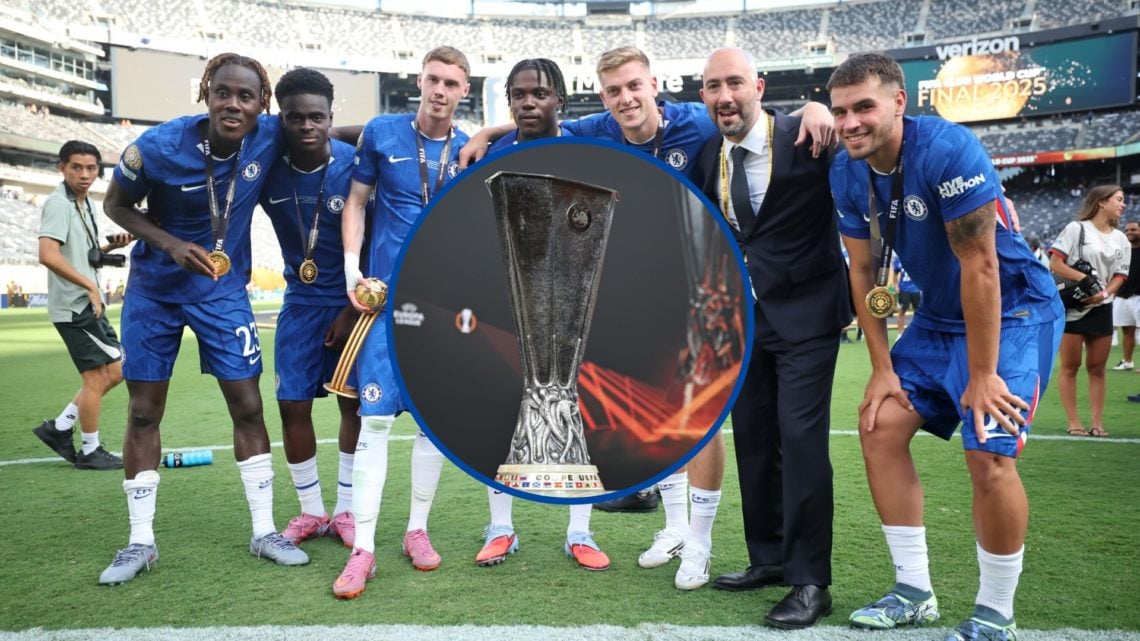 Chelsea players and Joe Shields celebrating with Club World Cup trophy, inset Europa League trophy on show