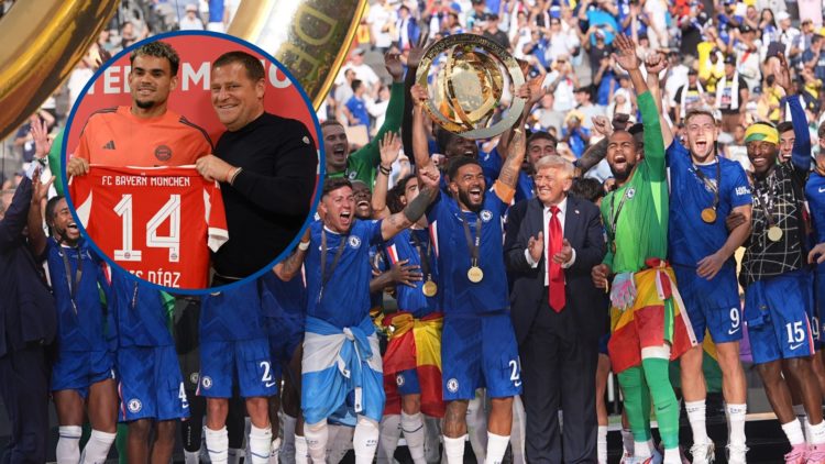 Chelsea players lift trophy after beating PSG to win FIFA Club World Cup final, inset Bayern Munich director Max Eberl with new signing Luis Diaz