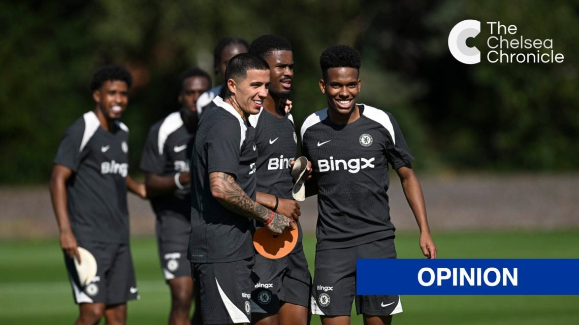 Enzo Fernandez, Jorrel Hato and Estevao Willian in Chelsea training