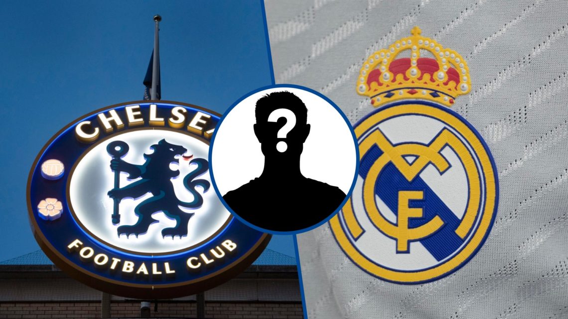 Split image - Chelsea badge illuminated above Stamford Bridge and Real Madrid badge, inset mystery player