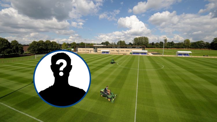 A picture of the training pitches at Chelsea's Cobham Academy, with mystery player overlay (left).