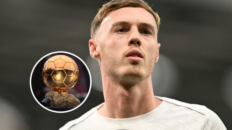 Chelsea's Cole Palmer looks on with overlay of the Ballon d'Or trophy (left).