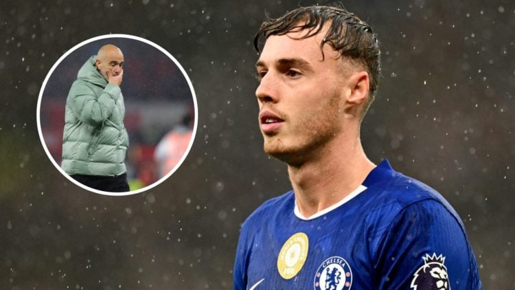 Cole Palmer looks on during Manchester United against Chelsea. Inset, Enzo Maresca looks dejected after Manchester United against Chelsea.