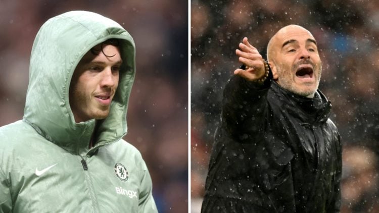 Picture one Chelsea's Cole Palmer after being substituted against Manchester United in the Premier League. Picture two Enzo Maresca issues instruct...