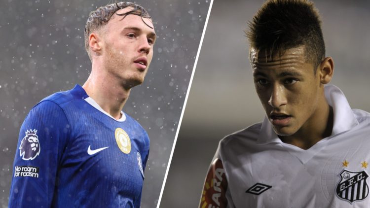 Cole Palmer playing for Chelsea (left) and Neymar playing for Santos (right).