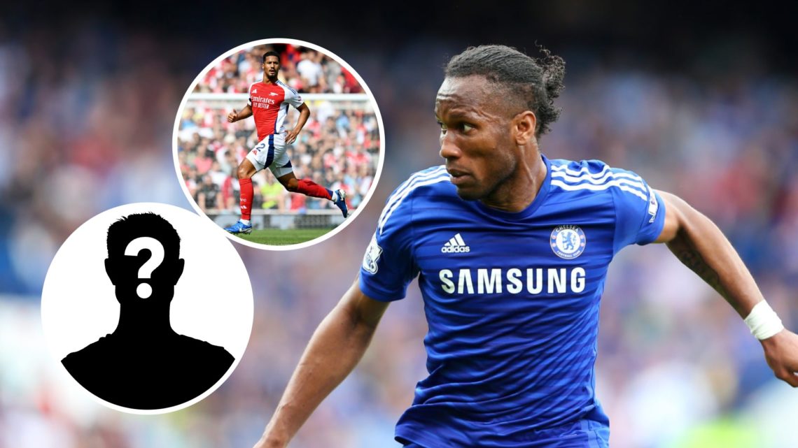 Didier Drogba playing for Chelsea against Crystal Palace in the Premier League. Inset, William Saliba playing for Arsenal against Wolverhampton Wan...