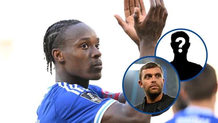 Emaneul Emegha clapping for Strasbourg fans after game with overlay of Fabrizio Romano and a mystery player (right).