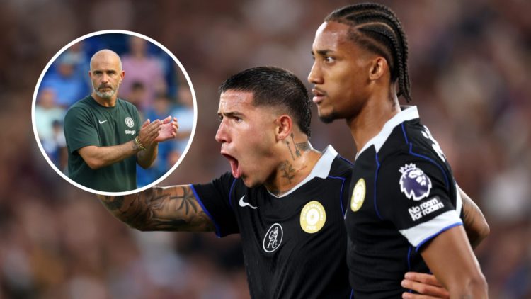 Enzo Fernandez and Chelsea teammate Joao Pedro celebrate during a Premier League match. Inset, Enzo Maresca applauds during Chelsea's pre-season fr...