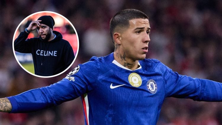 Enzo Fernandez playing for Chelsea against Bayern Munich in the Champions League. Inset, Troy Deeney as the Forest Green Rovers manager.