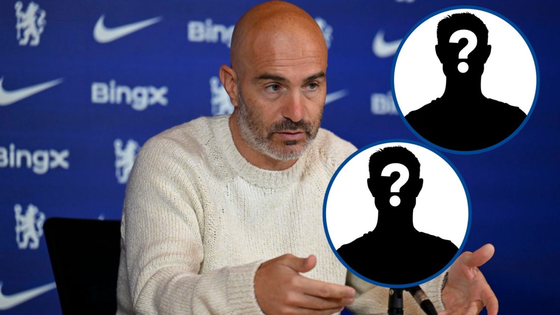 Chelsea manager Enzo Maresca at press conference, inset mystery player x2