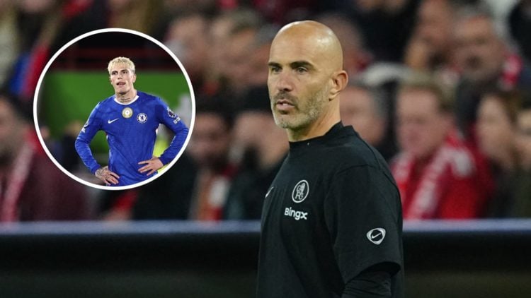 Chelsea manager Enzo Maresca during the Champions League match against Bayern Munich. Inset, Alejandro Garnacho after his Chelsea debut against Bre...