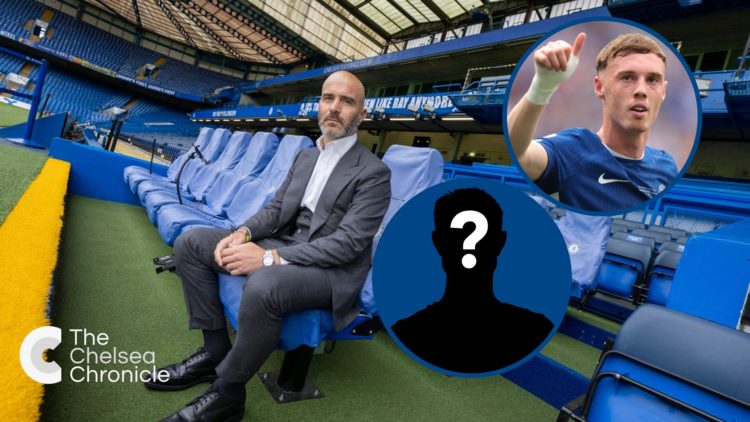 Enzo Maresca in Chelsea dugout, inset Cole Palmer with thumbs up and mystery player