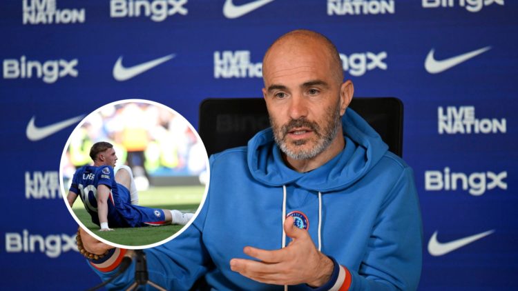Chelsea manager Enzo Maresca at a press conference, with an overlay of Cole Palmer sitting on the pitch (left).