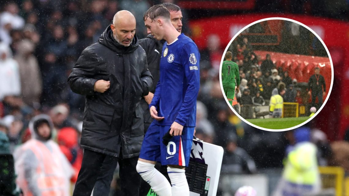 Enzo Maresca talks with Cole Palmer after his substitution during Chelsea against Manchester United. Inset, Robert Sanchez after being sent off for...