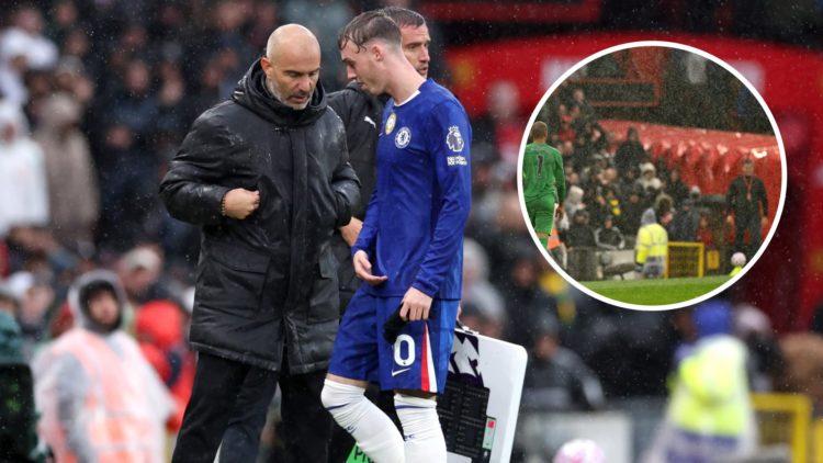 Enzo Maresca talks with Cole Palmer after his substitution during Chelsea against Manchester United. Inset, Robert Sanchez after being sent off for...