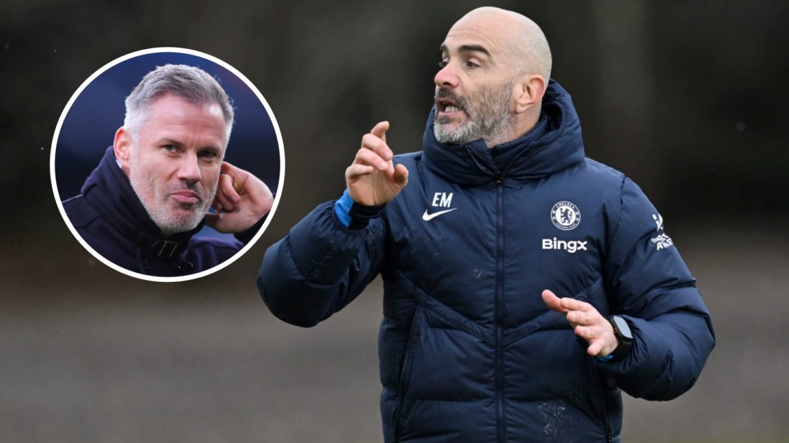Chelsea head coach Enzo Maresca during a training session at Cobham. Inset, Jamie Carragher ahead of Manchester City against Liverpool in the Premi...