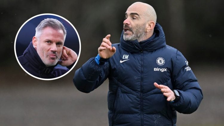 Chelsea head coach Enzo Maresca during a training session at Cobham. Inset, Jamie Carragher ahead of Manchester City against Liverpool in the Premi...