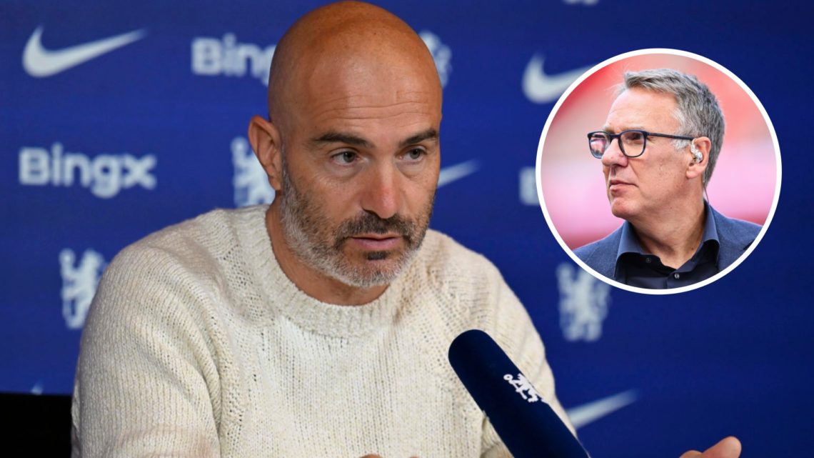 Chelsea manager Enzo Maresca speaks to the media in a press conference. Inset, Paul Merson working as a pundit for a Premier League match.
