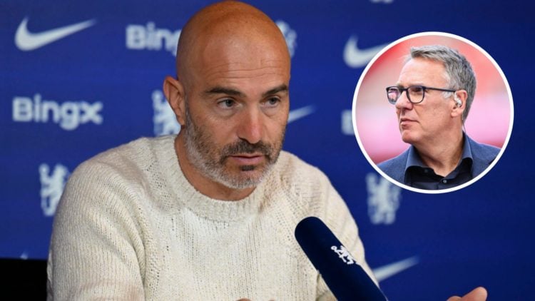 Chelsea manager Enzo Maresca speaks to the media in a press conference. Inset, Paul Merson working as a pundit for a Premier League match.