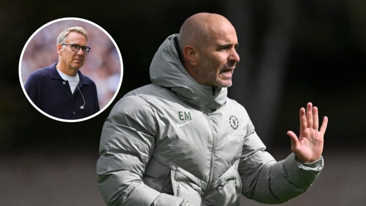 Chelsea manager Enzo Maresca during a training session. Inset, Sky Sports pundit Paul Merson during the Premier League match between Tottenham and ...