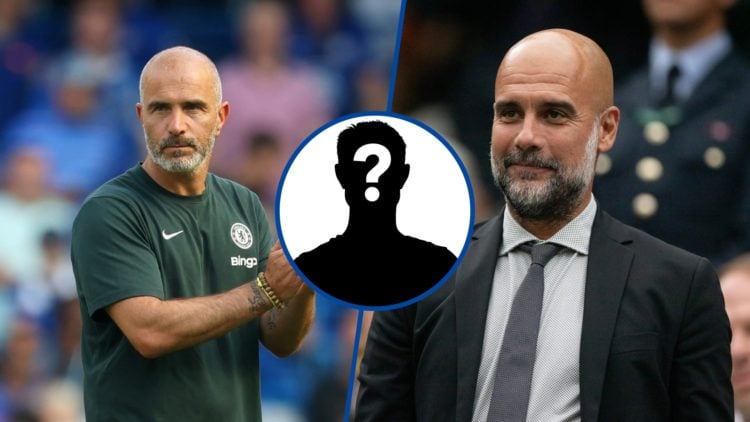 Split image - Enzo Maresca applauds after Chelsea v AC Milan and Pep Guardiola at Man City boss Pep Guardiola at Wimbledon