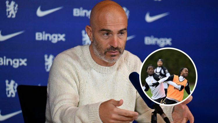 Chelsea manager Enzo Maresca at a press conference with overlay of Axel Disasi and Raheem Sterling (right).