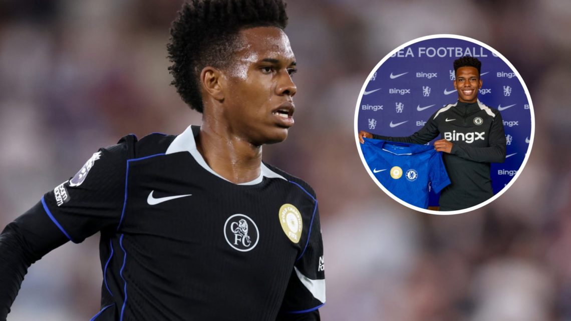 Estevao Willian playing for Chelsea against West Ham in the Premier League. Inset, Estevao Willian poses after signing for Chelsea.