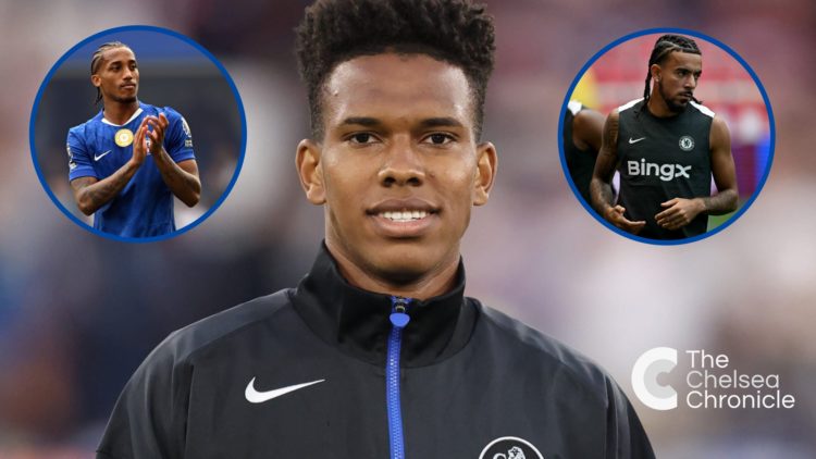 Chelsea's Estevao Willian before game, inset Joao Pedro clapping and Malo Gusto in training