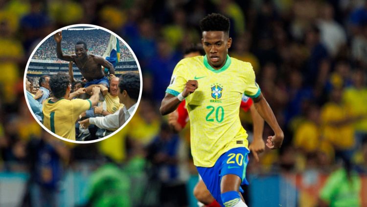 Estevao Willian playing for Brazil in a World Cup qualifier against Chile. Inset, Pele lifted up after winning the World Cup with Brazil.