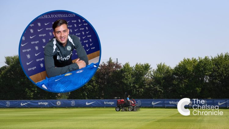 View of one pitch at Chelsea's Cobham training ground, inset Facundo Buonanotte being unveiled as new Chelsea signing