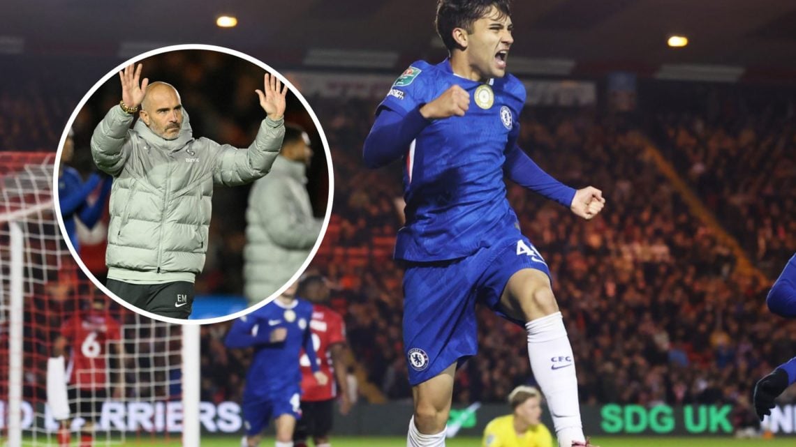 Facundo Buonanotte celebrates after scoring the Chelsea winner against Lincoln City in the EFL Cup. Inset, Chelsea manager Enzo Maresca acknowledge...
