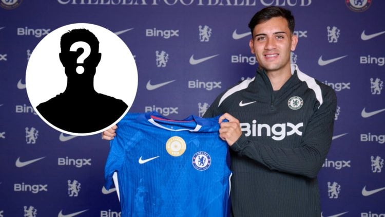 Facundo Buonanotte poses with the shirt after officially signing for Chelsea on loan from Brighton. Inset, mystery football player.