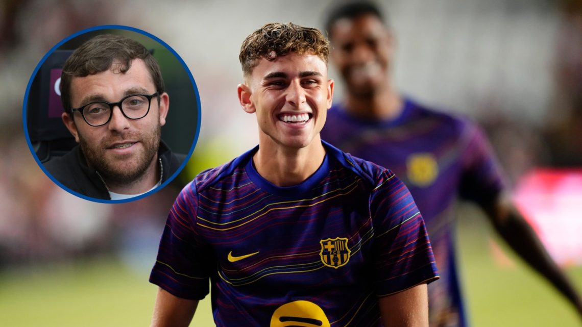 Fermin Lopez during Barcelona warm-up, inset Italian journalist Fabrizio Romano at Serie A game