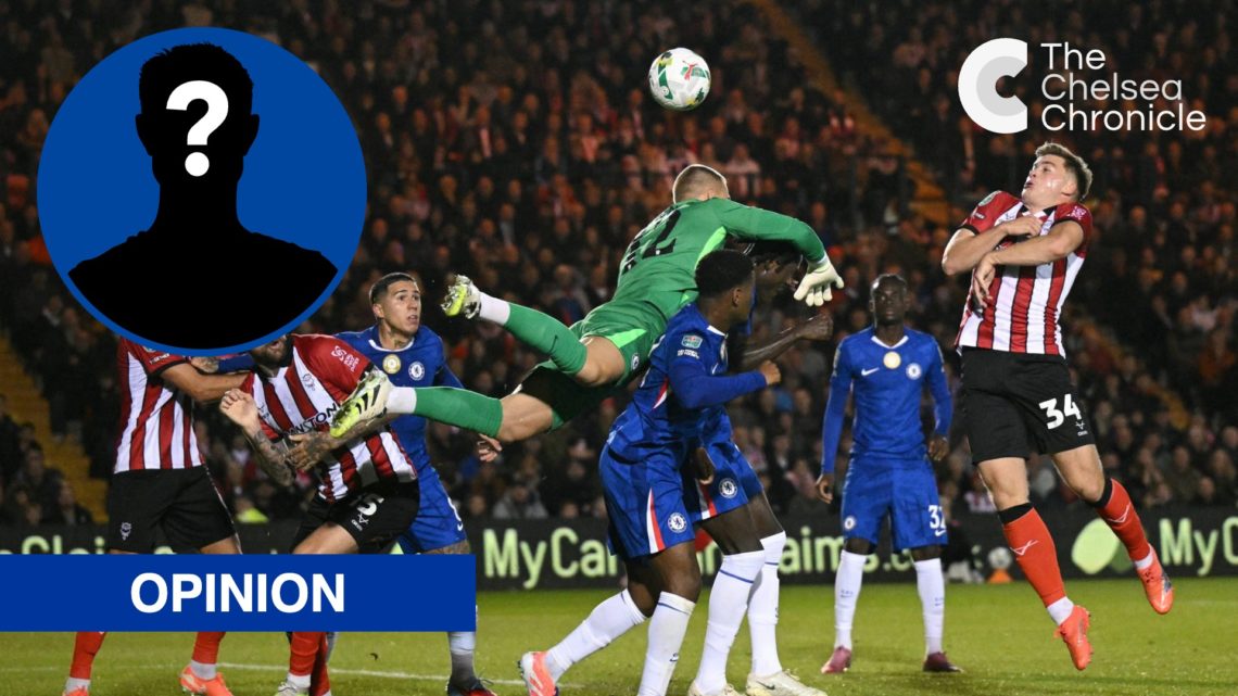 Chelsea goalkeeper Filip Jorgensen comes to punch ball, inset mystery player