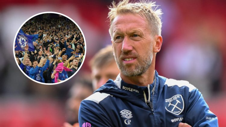 Graham Potter as the West Ham manager against Nottingham Forest in the Premier League. Inset, Chelsea fans celebrate victory during Real Betis agai...