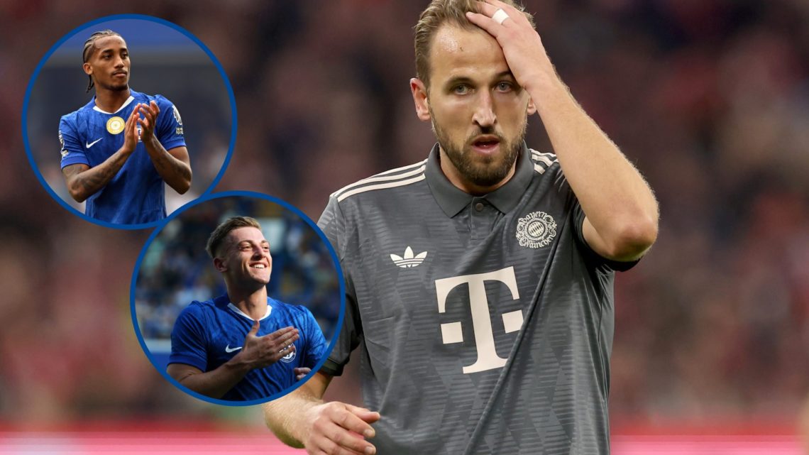 Bayern Munich striker Harry Kane with hand on head, inset Chelsea striker Joao Pedro clapping and Liam Delap celebrating