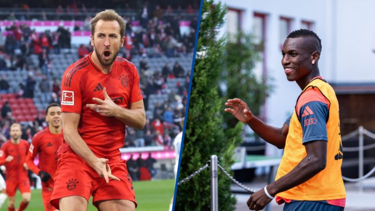 Split image - Bayern Munich striker Harry Kane celebrating goal and Nicolas Jackson in training