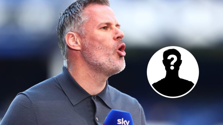 Jamie Carragher appearing as a pundit for Sky Sports, with mystery player overlay (right).