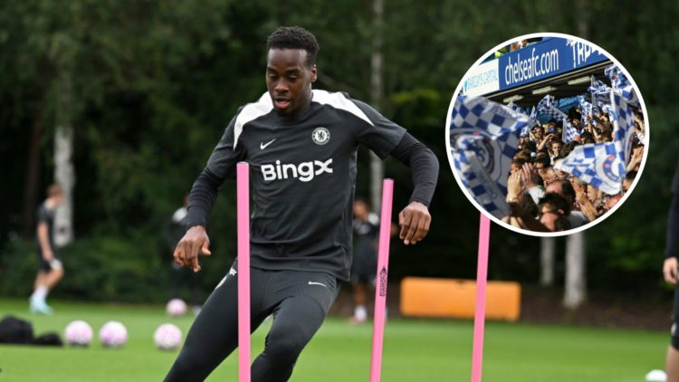 Jamie Gittens pictured in a Chelsea training session at Cobham. Inset, Chelsea fans with flags during a Premier League match against Aston Villa.