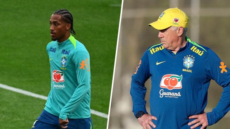 Picture one Chelsea star Joao Pdero in a training session with the Brazilian national team. Picture two Brazil manager Carlo Ancelotti looks on dur...