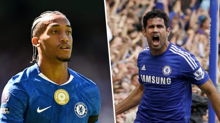 Picture one Joao Pedro playing for Chelsea against Crystal Palace in the Premier League. Picture two Diego Costa scores for Chelsea against Leicest...