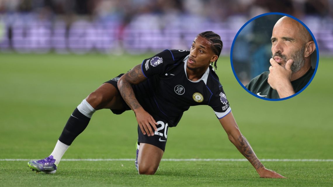 Chelsea attacker Joao Pedro during the Premier League match against West Ham, inset Enzo Maresca looks on ahead of 2025 Club World Cup final