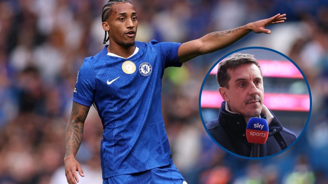 Joao Pedro pointing to a teammate against Fulham, inset Sky Sports pundit Gary Neville at a Premier League match